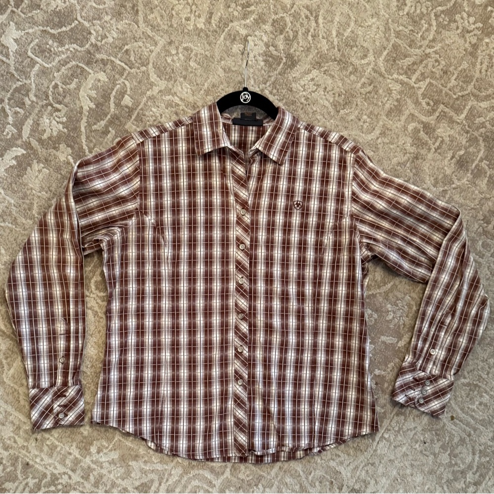 Ariat Women’s Brown and White Plaid Button Down Shirt Size Large